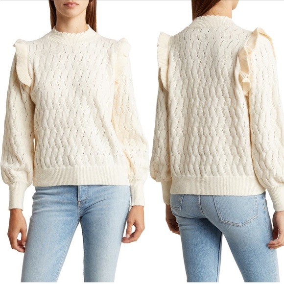 New FRNCH Paris Cream sweat Valeria Ruffle Shoulder Pointelle Sweater - Picture 1 of 9